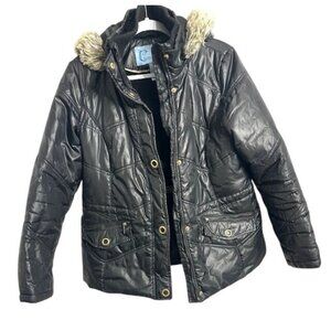 Classic Elements Outerwear Y2K Black & Gold Quilted Faux Fur Hood Women Jacket L